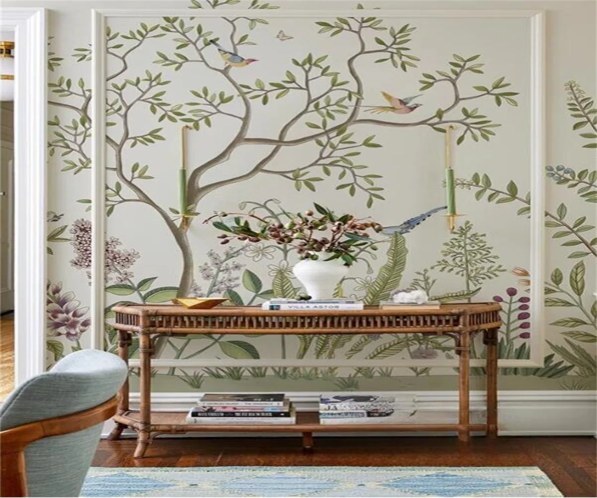 Customized Size Wallpaper Retro Tropical Rainforest Plants Leaves Flowers and Birds Murals Home Decoration Branches murals
