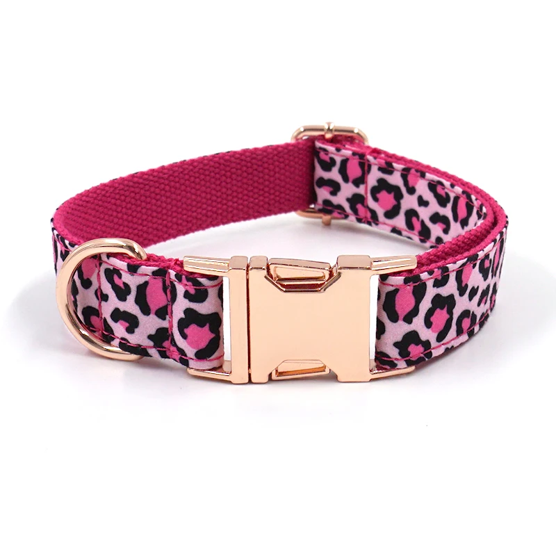 Pink Leopard Dog Harness for Girl Dogs Personalized Name Engraved Pet Collar with Safety Metal Buckles Bowtie Puppy Harness Set