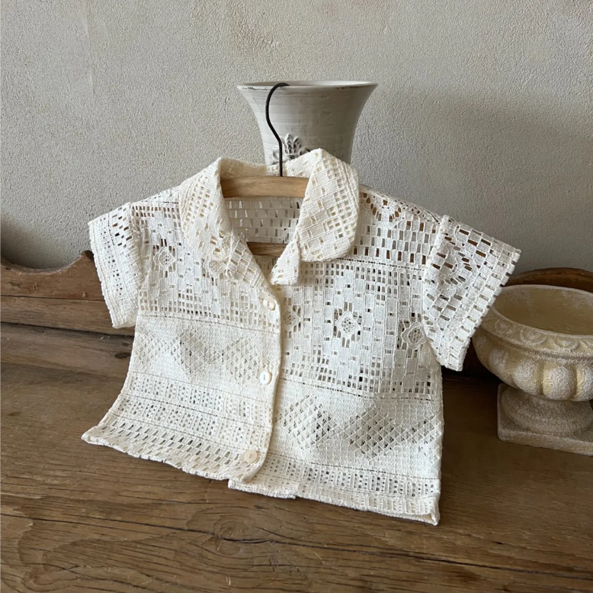 2025 Summer New Baby Short Sleeve Shirts Infant Girl Hollow Out Breathable Cardigan Boys Lapel Shirts Baby Versatile Lace Tops