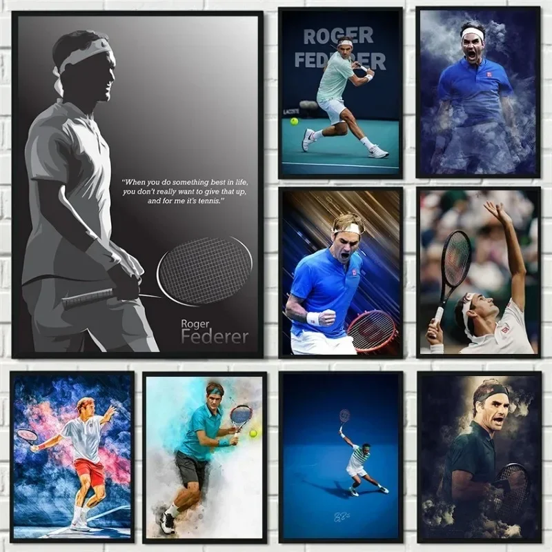 Canvas Painting Printed Tennis Sport Wall Art Pictures Tennis Legend Roger Federer Portrait Signature Poster Home Decor Gift