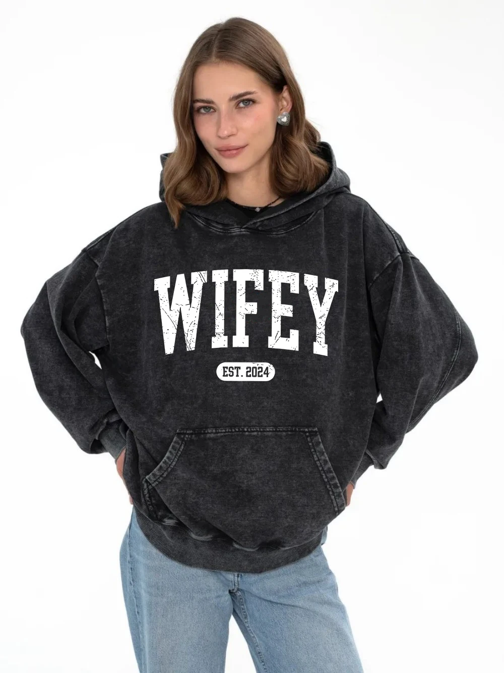 Vintage Womans Acid Wash Hoodies Wifey Est.2024 Letter Prints Pullovers Pocket Oversize Cotton Hooded Fashion Female Clothes