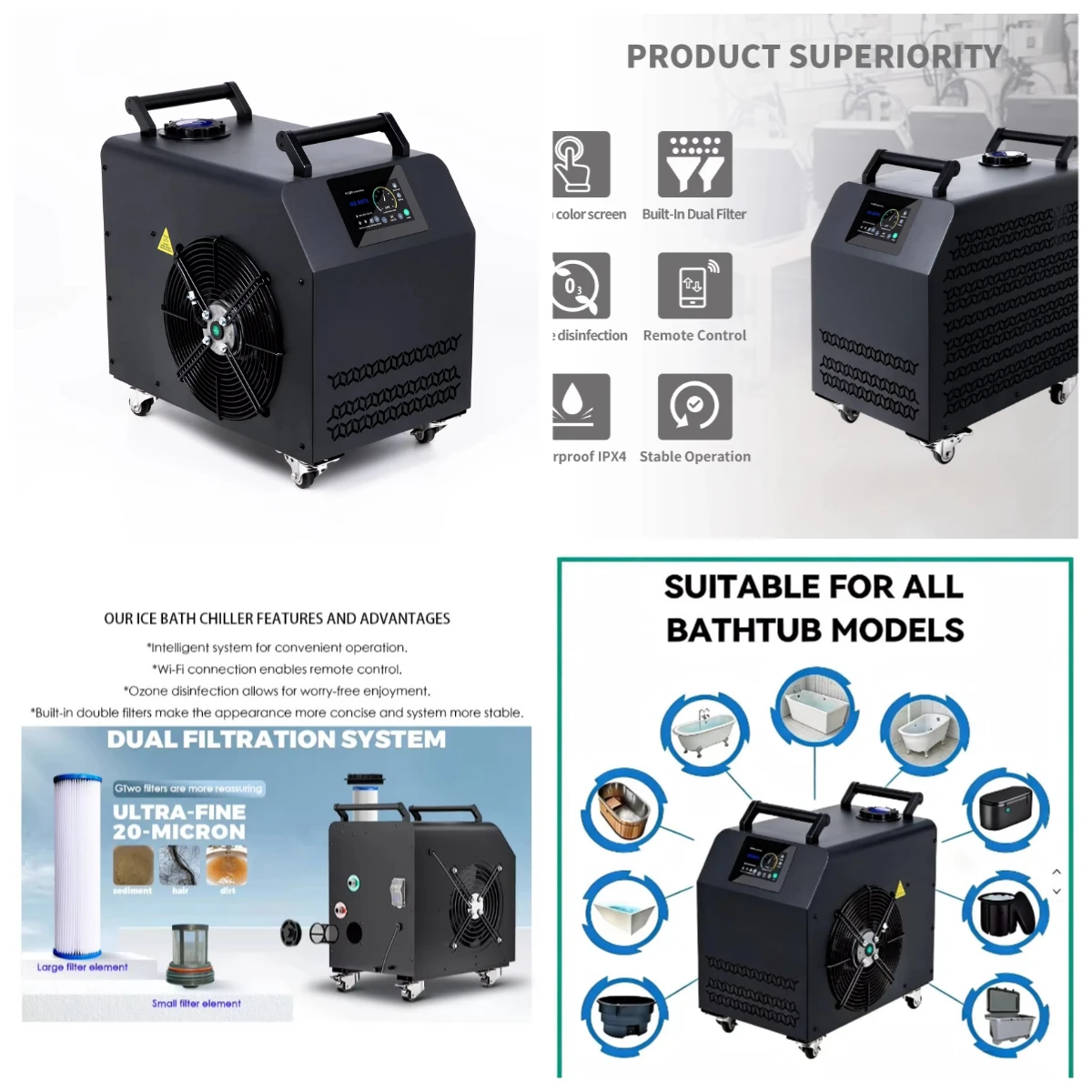 Портативный озонатор-компрессор для ледяных ванн 1.5HP с Wi-Fi, двойным скрытым фильтром и дистанционным управлением