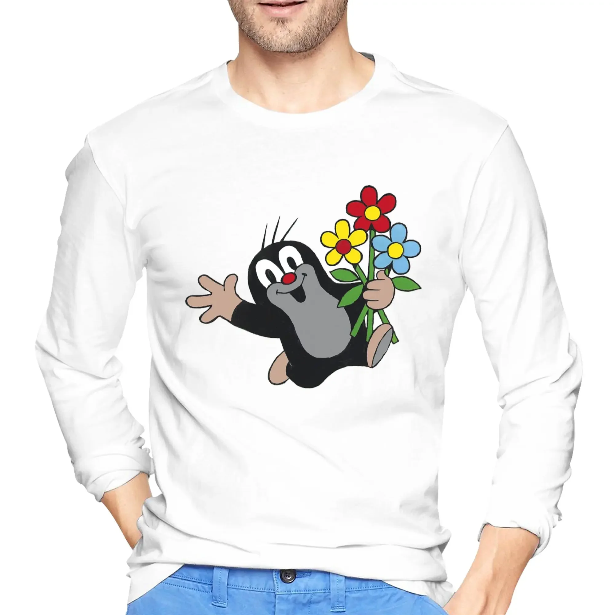

Cute Happy Mole Krtek Men's Long Sleeved T-shirt Breathable Round Neck T shirts Spring and Autumn Men tops