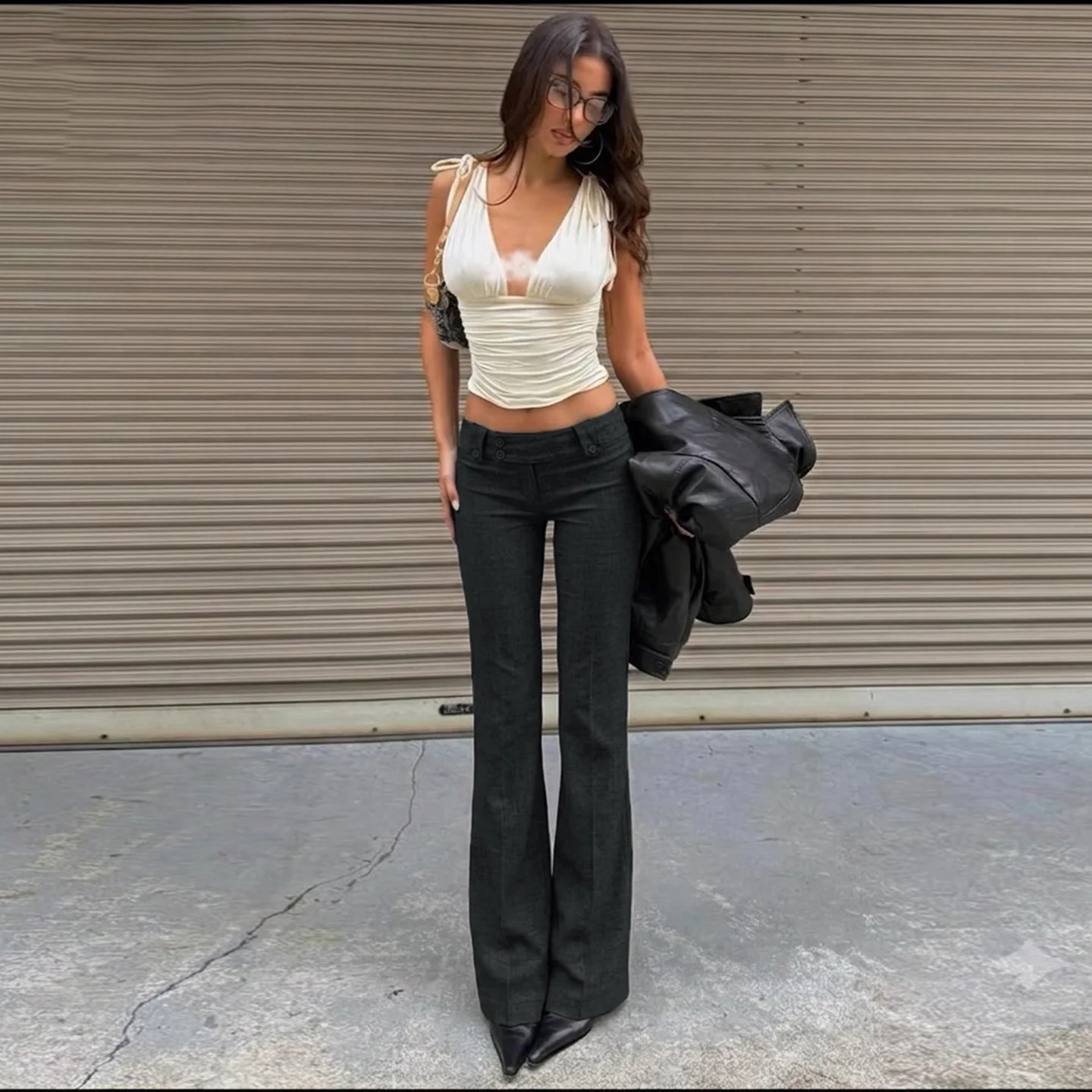 Retro-style low-waisted slimming grey slightly flared suit pants fashionable spicy simple commuting long pants Y2K Daily Punk
