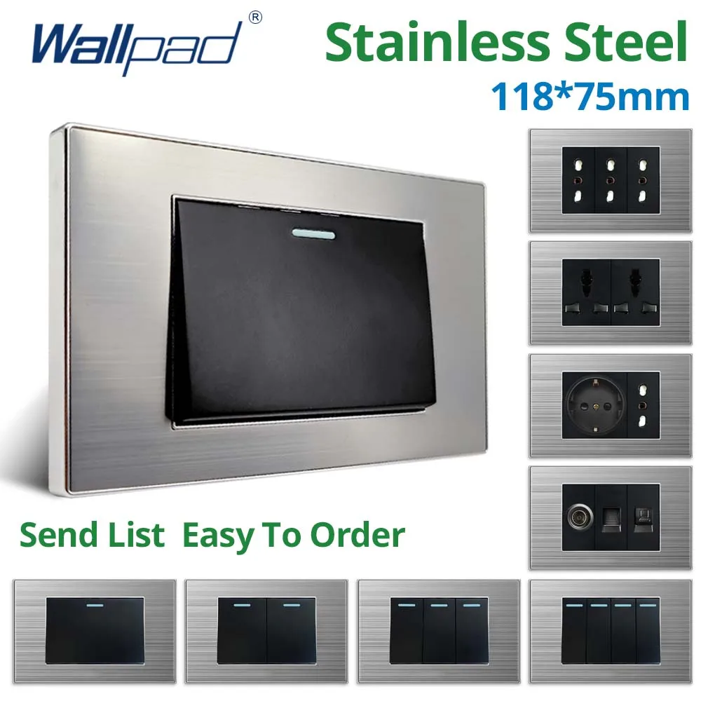 Wallpad Panel ze stali nierdzewnej 1 2 3 4 Gang 2 Way Wall Light Switch EU UK MF Socket Rocker Button 118 * 75mm 16A AC110-250V