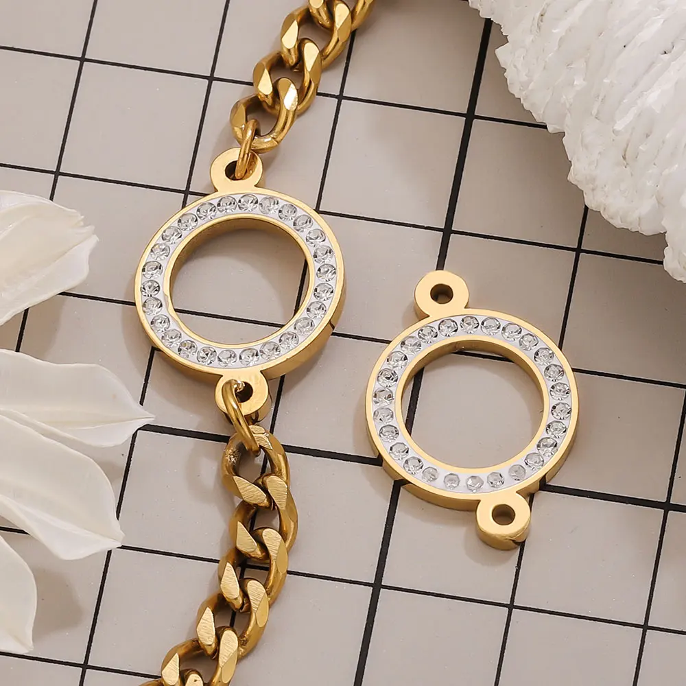 

5pcs /lot Stainless Steel Zircon Round Charm Connector 16mm Double Connection Holes Ring Pendants DIY Jewelry Making