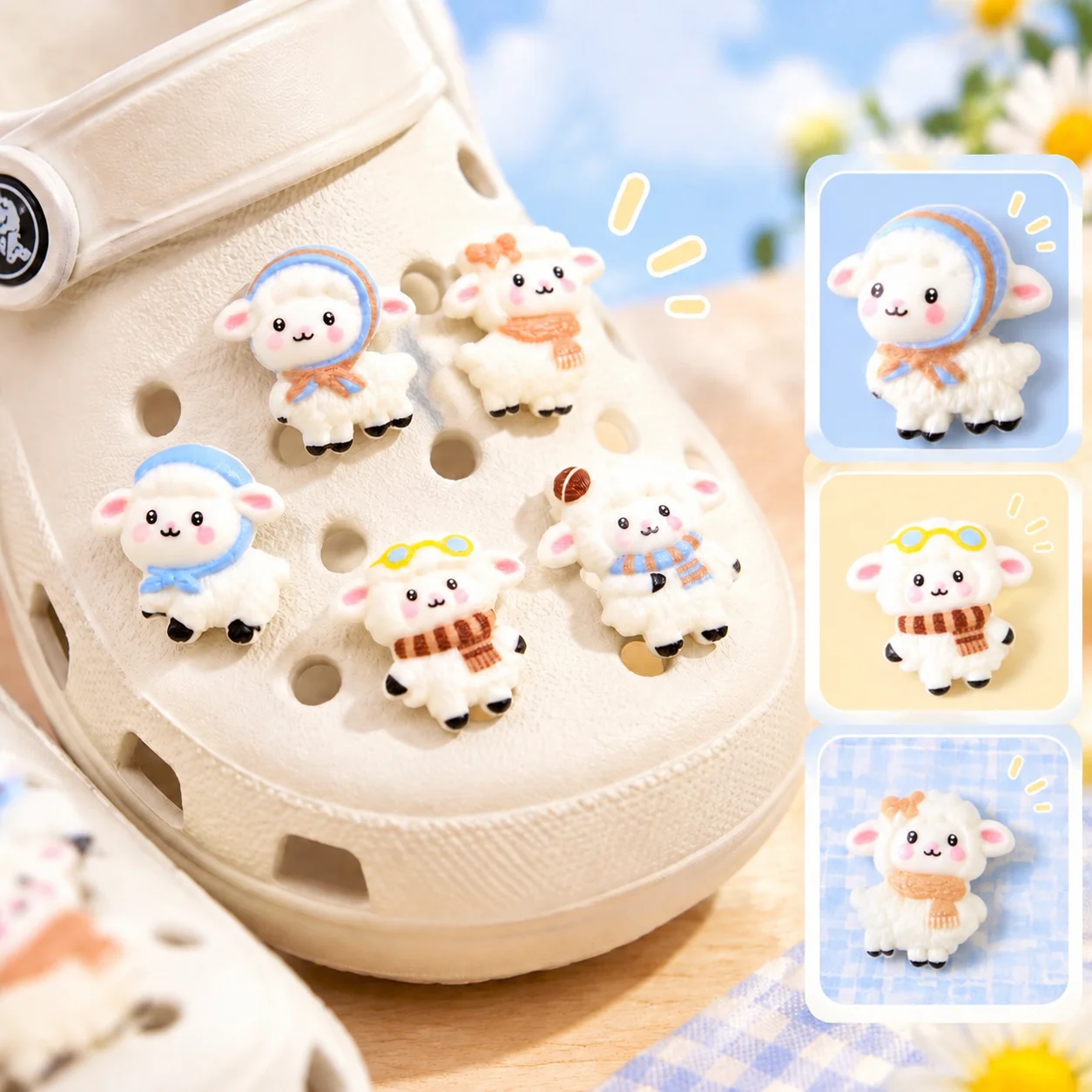 16pcs Random Cute Fluffy Sheep Resin Shoe Charms - 3D Animal Decor for Clogs & Beach Bags