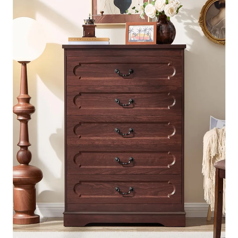 

5 Drawer Dresser for Bedroom Farmhouse Cherry Wood Chest of Drawers for Bedroom Dresser, Rustic 46" Tall Wide Drawers Dressers