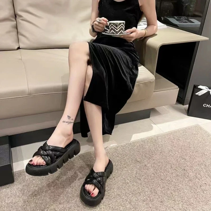 Summer 2023 Casual Platform Slippers Women Fashion Braided Mesh Walking Wedge Sandals шлепанцы женские летние на платформе