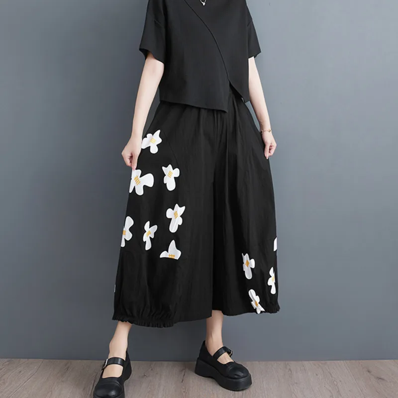 #2907 Floral Print Wide Leg Pants High Waisted Vintage Baggy Pants Female Thin Loose Calf-length Black Trousers Women Streetwear