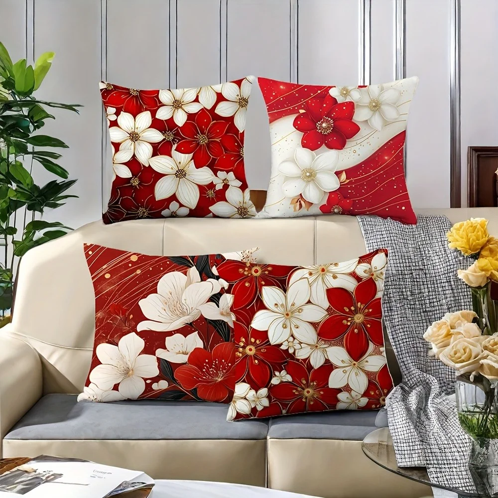 1Pc Red and White Flowers Pattern Throw Pillow - Double-Sided Design Bedroom Sofa Decorative, Soft Plush Cushion with Insert