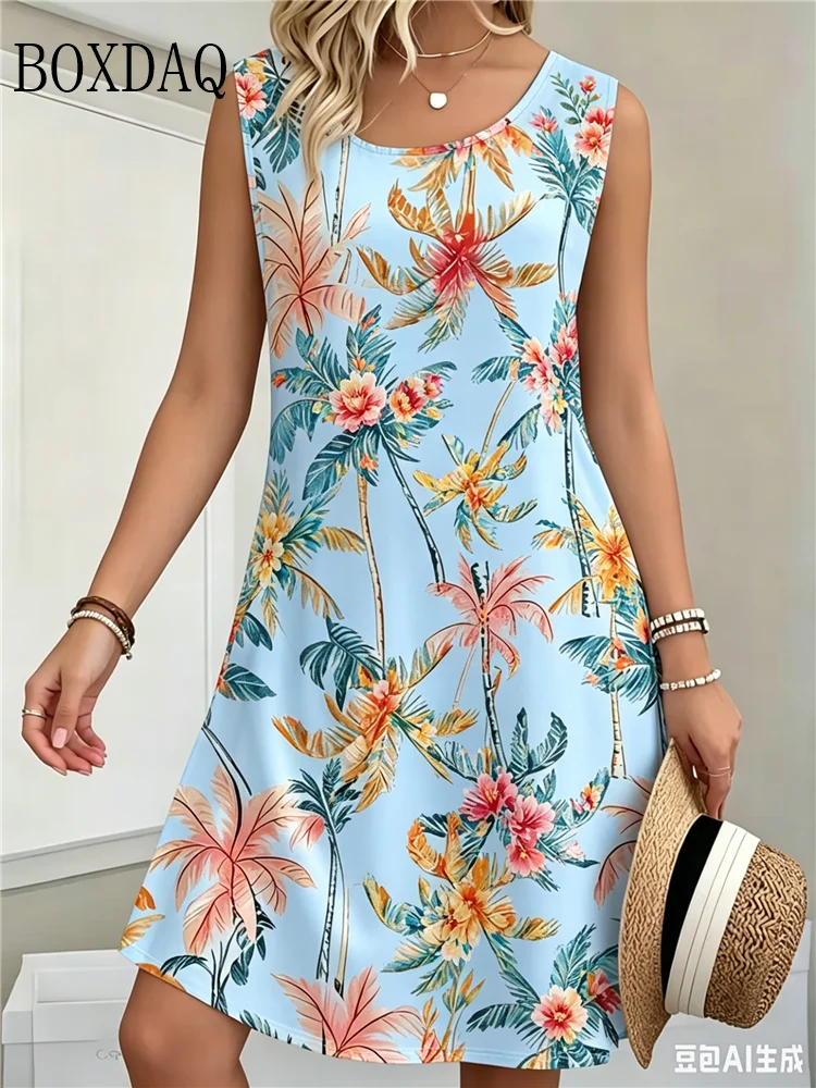 Women'S Elegant Sleeveless Floral Print Dress Summer Vintage Flowers Tank Dresses Casual Daily Outings Loose Plus Size Dress