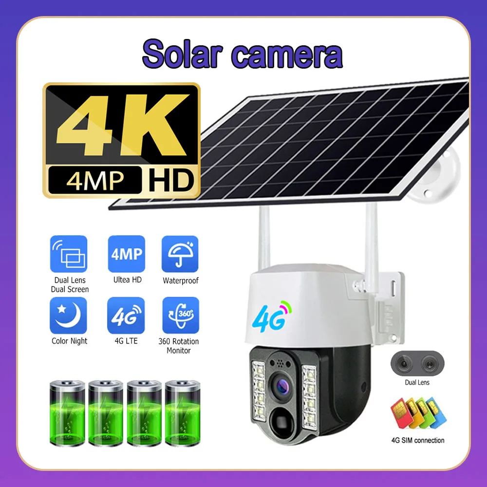 4G Solar Smart Camera 1080P SIM Card 4K CCTV 4MP IP Outdoor Dual Lens Wireless Camara Waterproof Home Security Protection CCTV