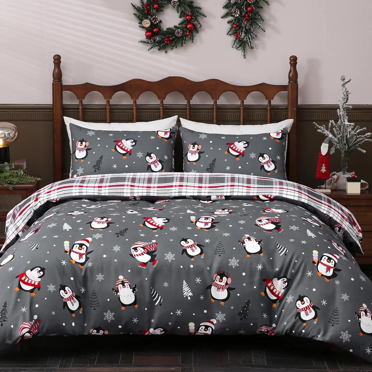 

Christmas Duvet Cover Set 3 Pieces Penguin Snowflakes Xmas Tree Bedding Set Grey Reversible Plaid Comforter Set