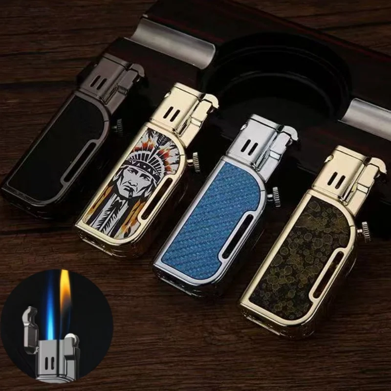 

2026 Creative Grinding Wheel Double Flame Lighter, Direct Injection + Open Flame Butane Gass Lighter, with Cigar Drill