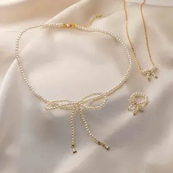 HECHENG, Bow Shaped Pearl Pendant Jewelry Set For Woman Temperament Leather Choker Necklace Adjustable Chain Daily Jewelry Gift