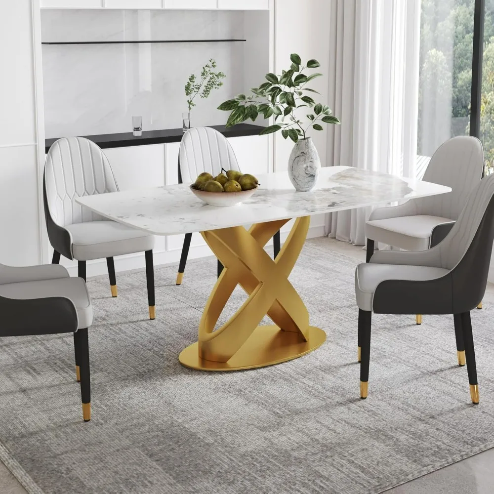 

71"Rectangle Dining Table,Dining Room Table with Unique Gold X-Shape Carbon Steel Pedestal for Living Room,Kitchen Funiture