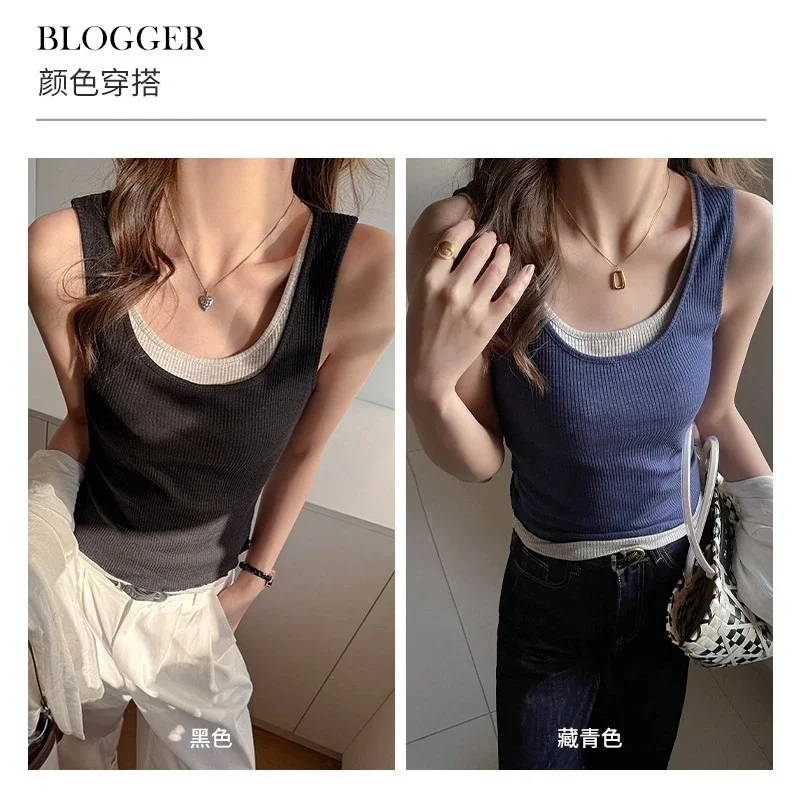 Women's Fake Two Piece Ribbed Tank Top Color Block U Neck Slim Sleeveless Cami Inner Outer Summer Vest