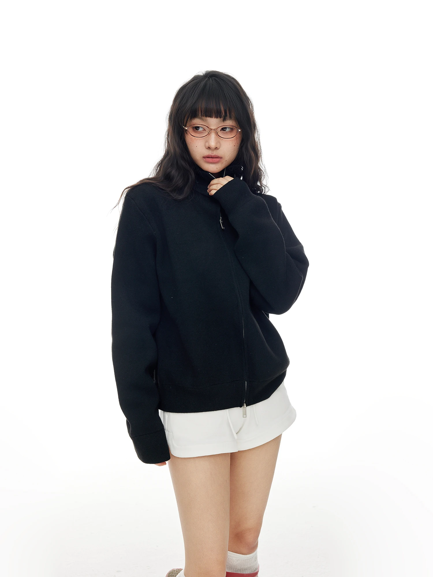 

American Sle ort Loose Fit Bla Zipper Cardigan Sweater Women's Spring Casual oulder Length Trendy Outerwear