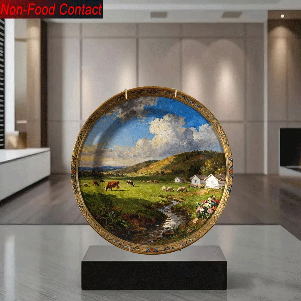 2D Flat, 2D 1pc Ceramic Decorative Plate with Countryside Oil Painting Design, Non-Consumable Pure Decoration, Home Desktop Art