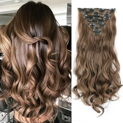 Extensions capillaires synthétiques à 16 pinces, 7 pièces/ensemble, coiffures longues et ondulées, 24 pouces, 140G, postiche résistante à la chaleur, brune et noire