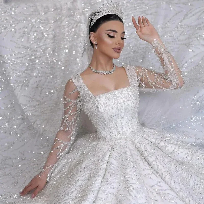 

Glitter Wedding Dress Organza With Embroidery Beading Ball Gown Full Sleeve Square Collar Bridedress Customized Vestido De Novia