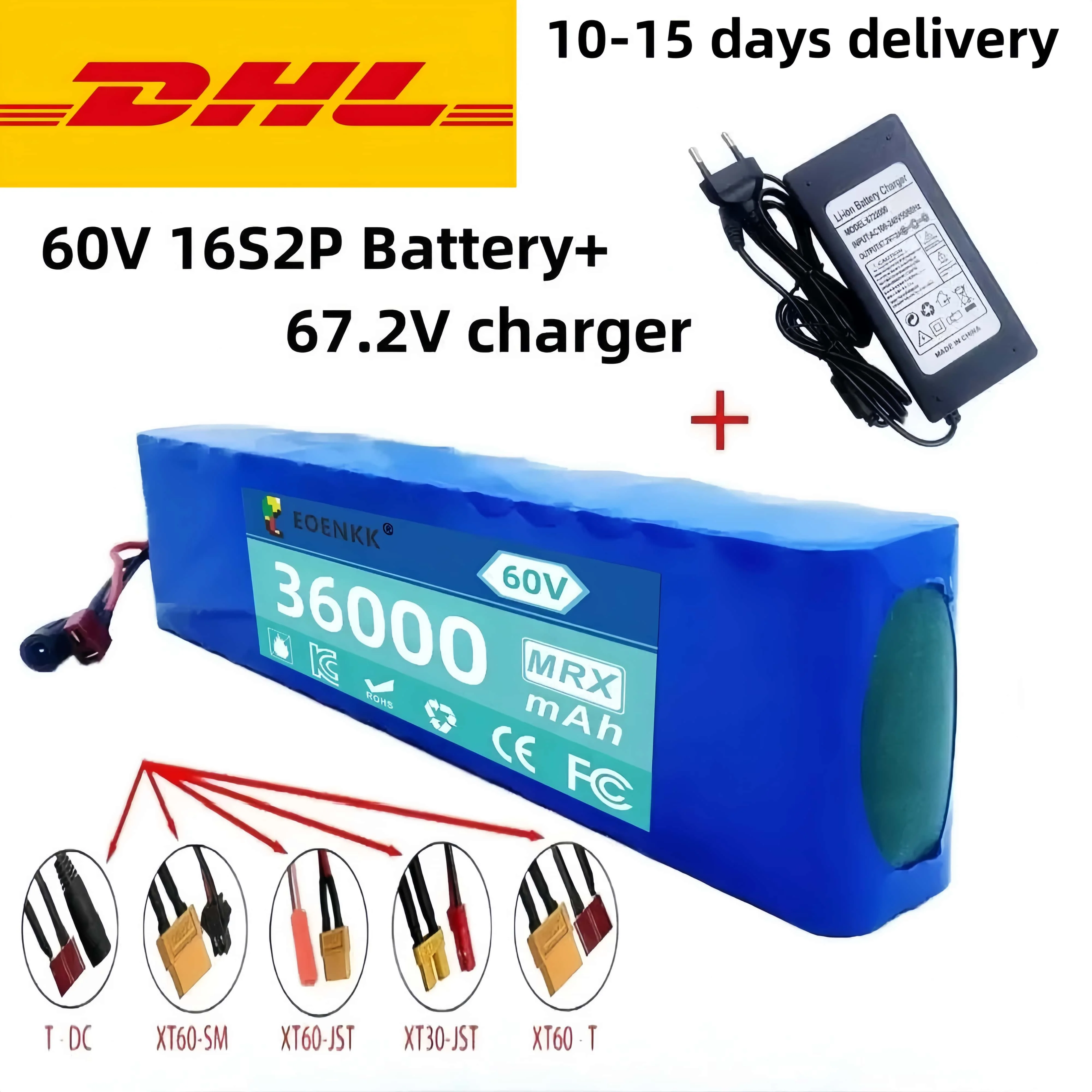 60V 16S2P 36000mah 18650 Lithium Ion Battery Pack 67.2V for Electric Bike Scooter Scooter Kids Car Built In 1000 Watt Bms