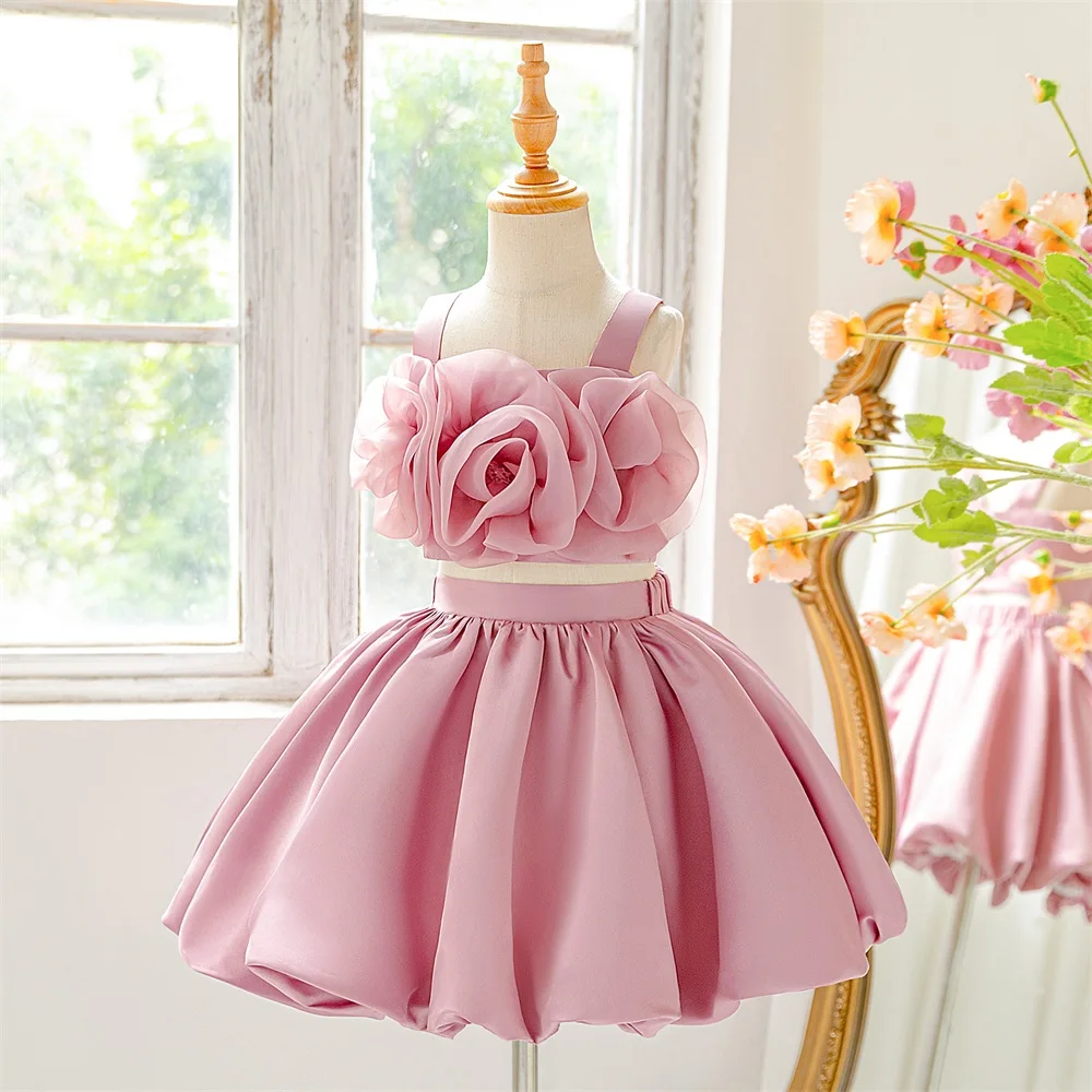 Kinder 2-teiliges Set Blumen-Ballkleid Glänzendes Bankett-Geburtstags-Bühnen-Host-Party-Klavier-Auftritts-Abendkleid ﻿