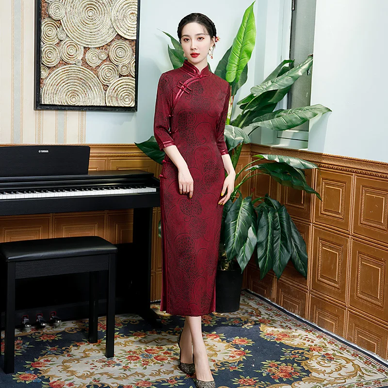 Cheongsam Jacquard Republic of China Style Artistic Old Shanghai Waist-Tight Banquet High-End Daily  Bride Good Quality