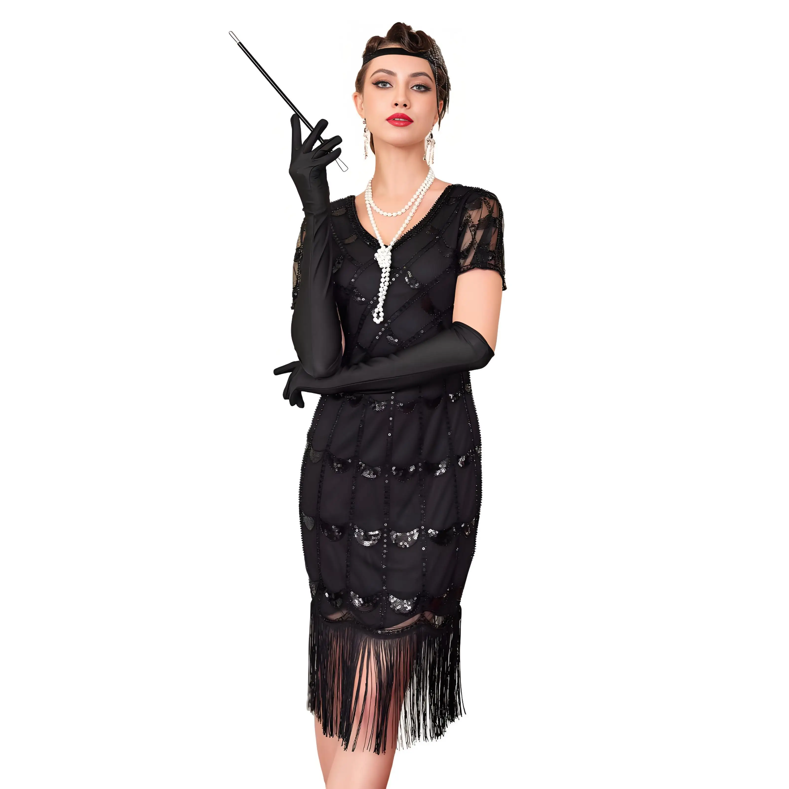 1920S Flapper Dresses for Women Sequin Beaded Tassel Hem  20s Dress Formal Evening Gown for Banquet Anniversary with Accessories