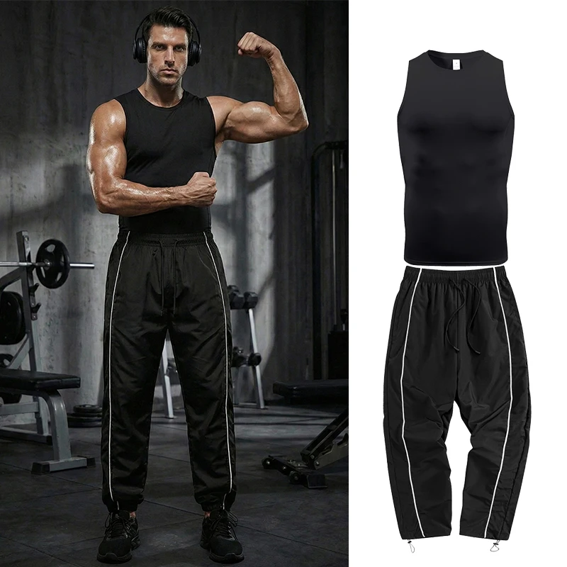 

Мужской летний спортивный комплект из 2 предметов для тренировок в тренажерном зале, фитнеса, бега, спортивная одежда, майка, футболка без рукавов, брюки, спортивные штаны
