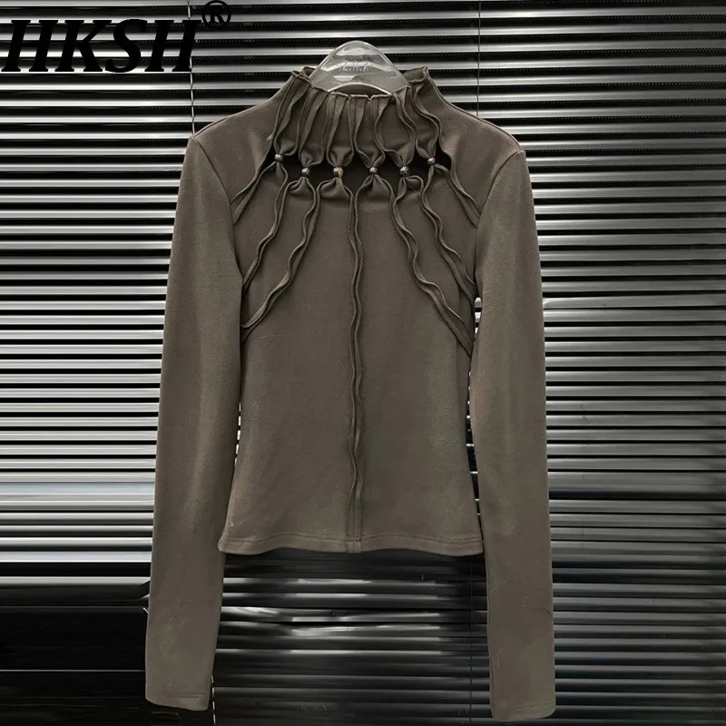 

HKSH 2023, осенне-зимняя новая женская футболка с полуводолазкой, расшитая бисером, с рюшами и длинными рукавами, универсальные утепленные топы HK15906