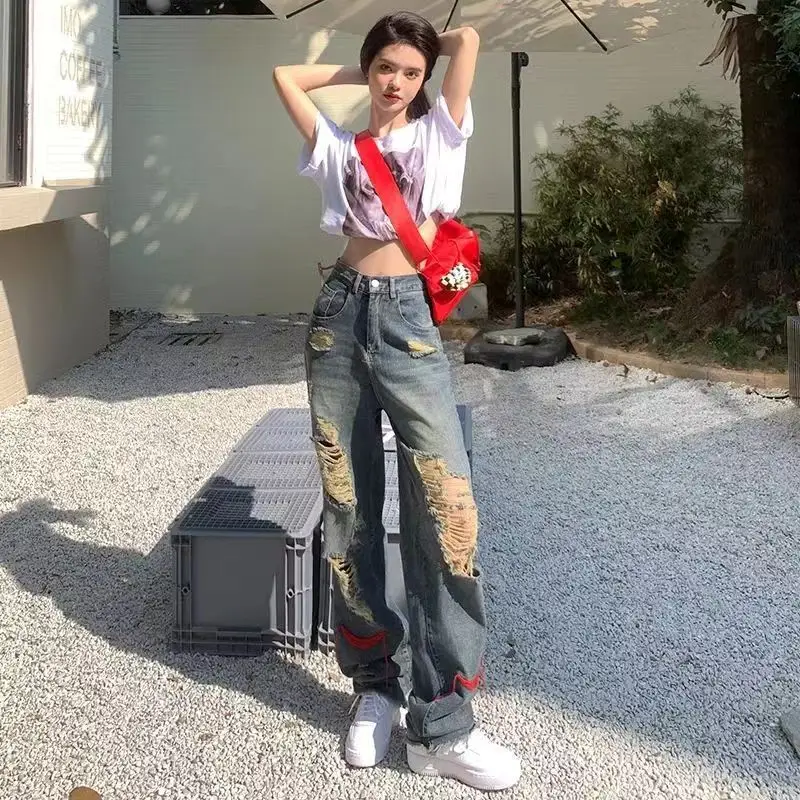 

Womens Highwaisted Jeans Straight Tube Loose Leisure Hole Distressed Wide Leg Baggy Urban Streetwear Long Denim Pants