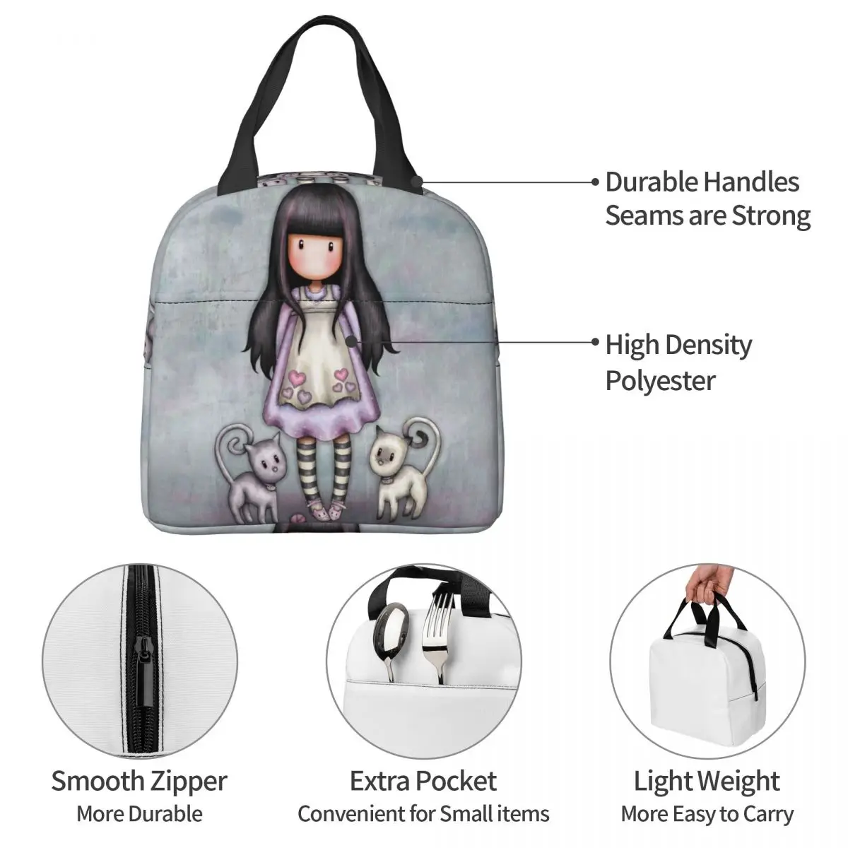 Santoro Gorjuss Doll Insulated Lunch Bag Thermal Bag Reusable Art Cute Cartoon Portable Tote Lunch Box Bento Pouch Office Travel