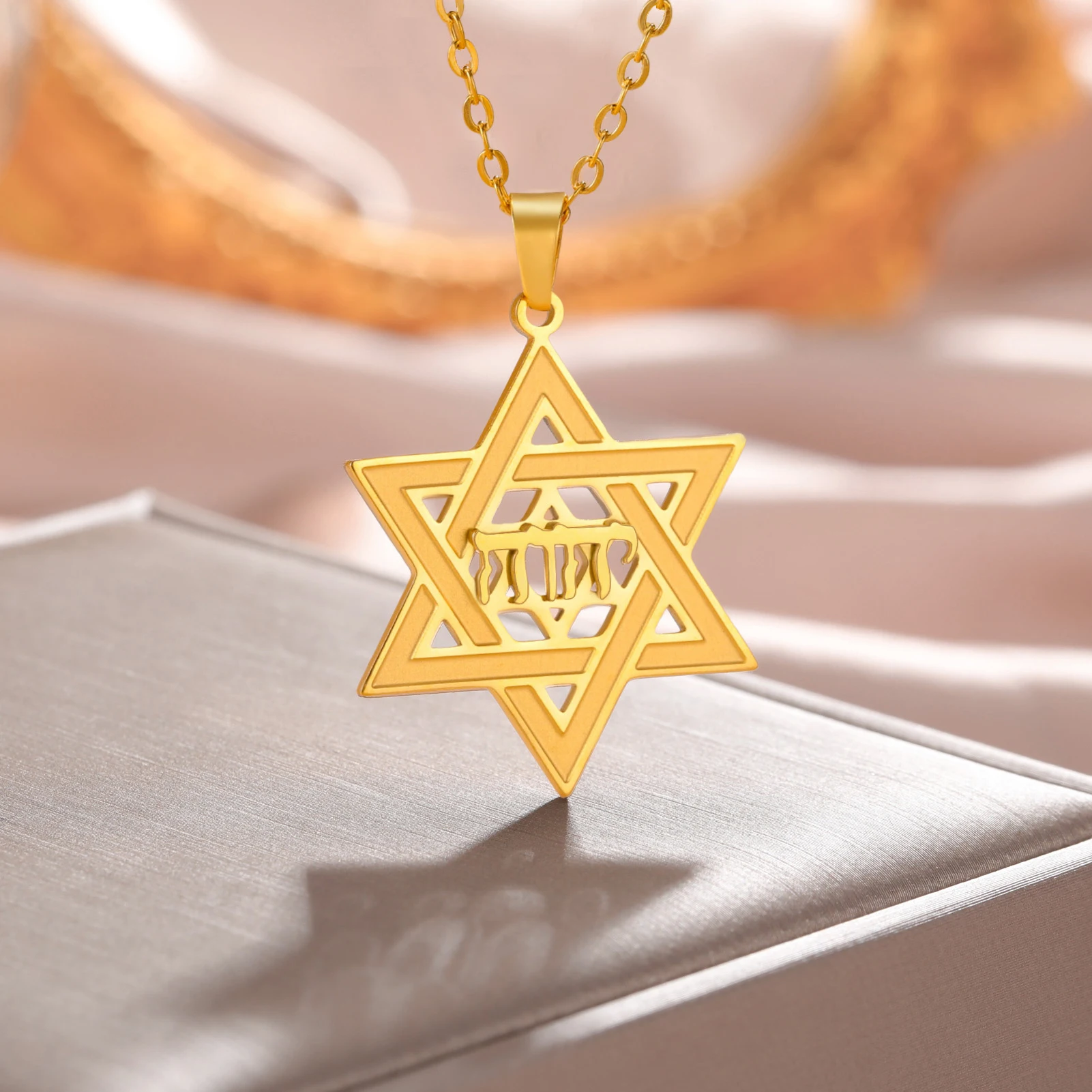 Jeshayuan Jewish David star Pendant Necklace Women Men Stainless Steel Hexagram Hebrew Letter Choker Amulet Jewelry Gift