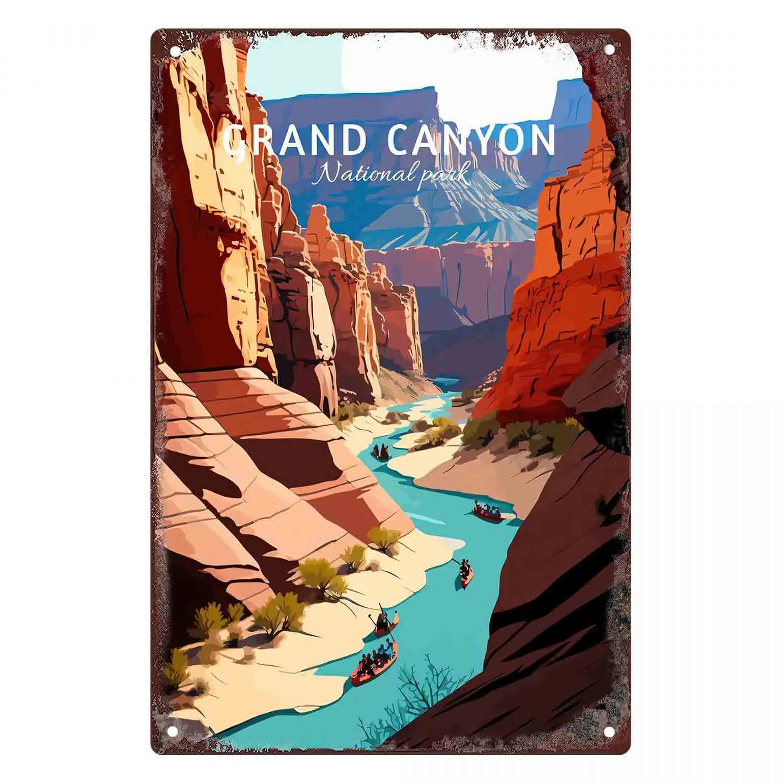 2D FLAT 1pc Grand Canyon River Rafting Retro Travel Poster Metal Wall Sign Decoration for Home Garage Bedroom Porch And Garden