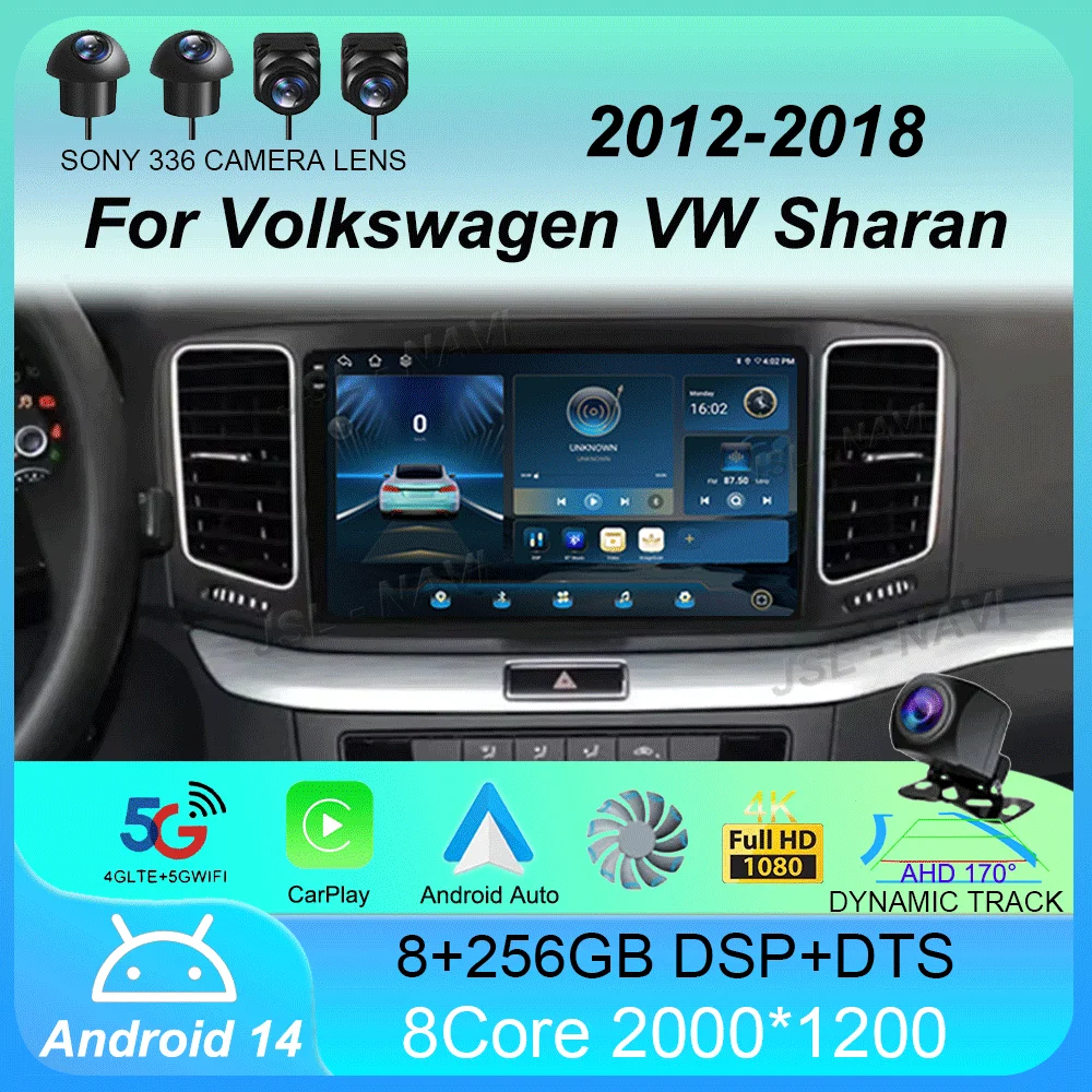 Car Radio Android 14 Carplay For Volkswagen VW Sharan 2012 - 2018 Navigation GPS Multimedia Player WiFi+4G BT stereo 360 Camera