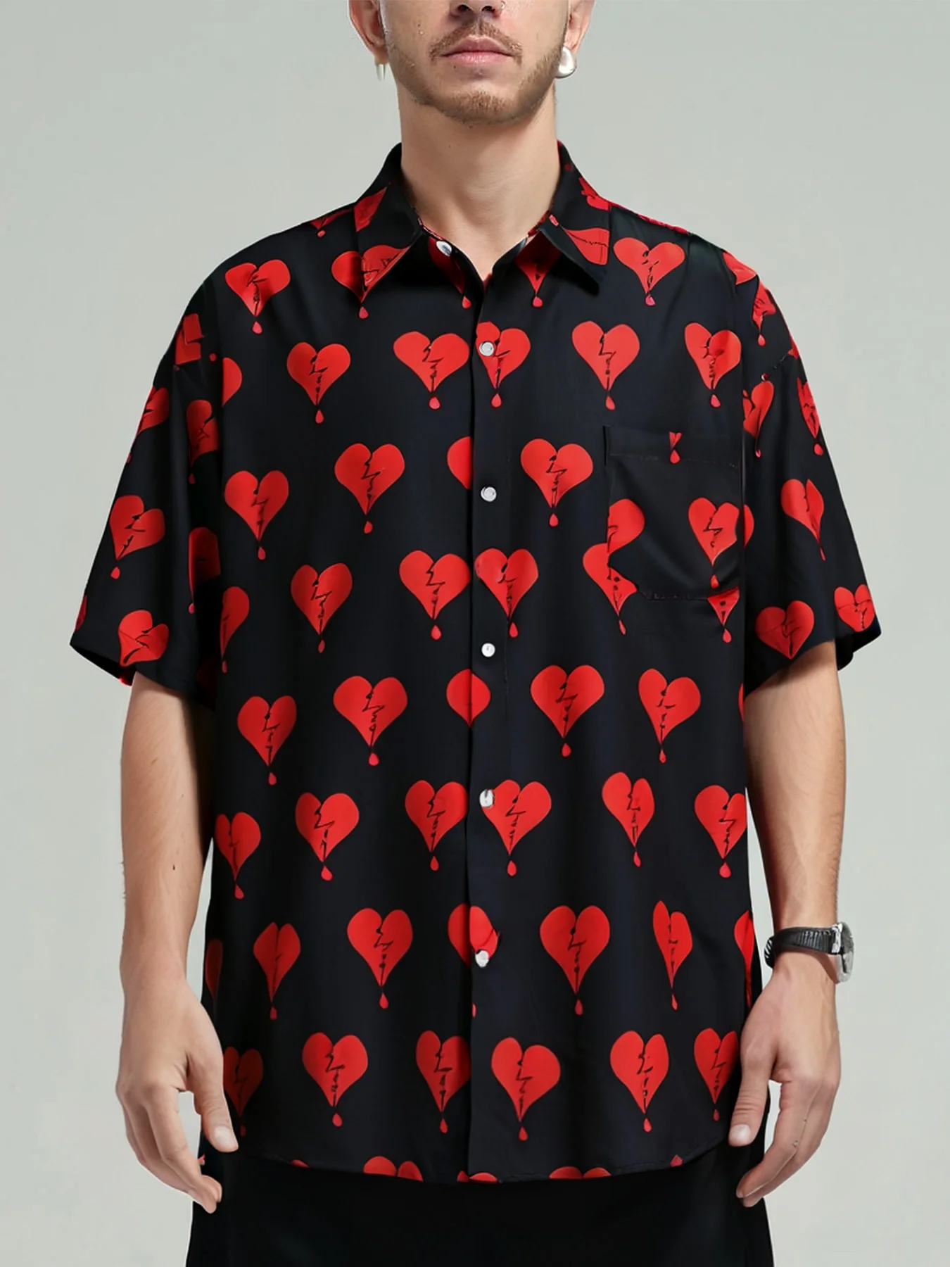 Oversized Loose Shirt Men Print Heart Retro Hiphop Short Sleeve Casual Shirts for Summer Beach Hawaiian Clothing