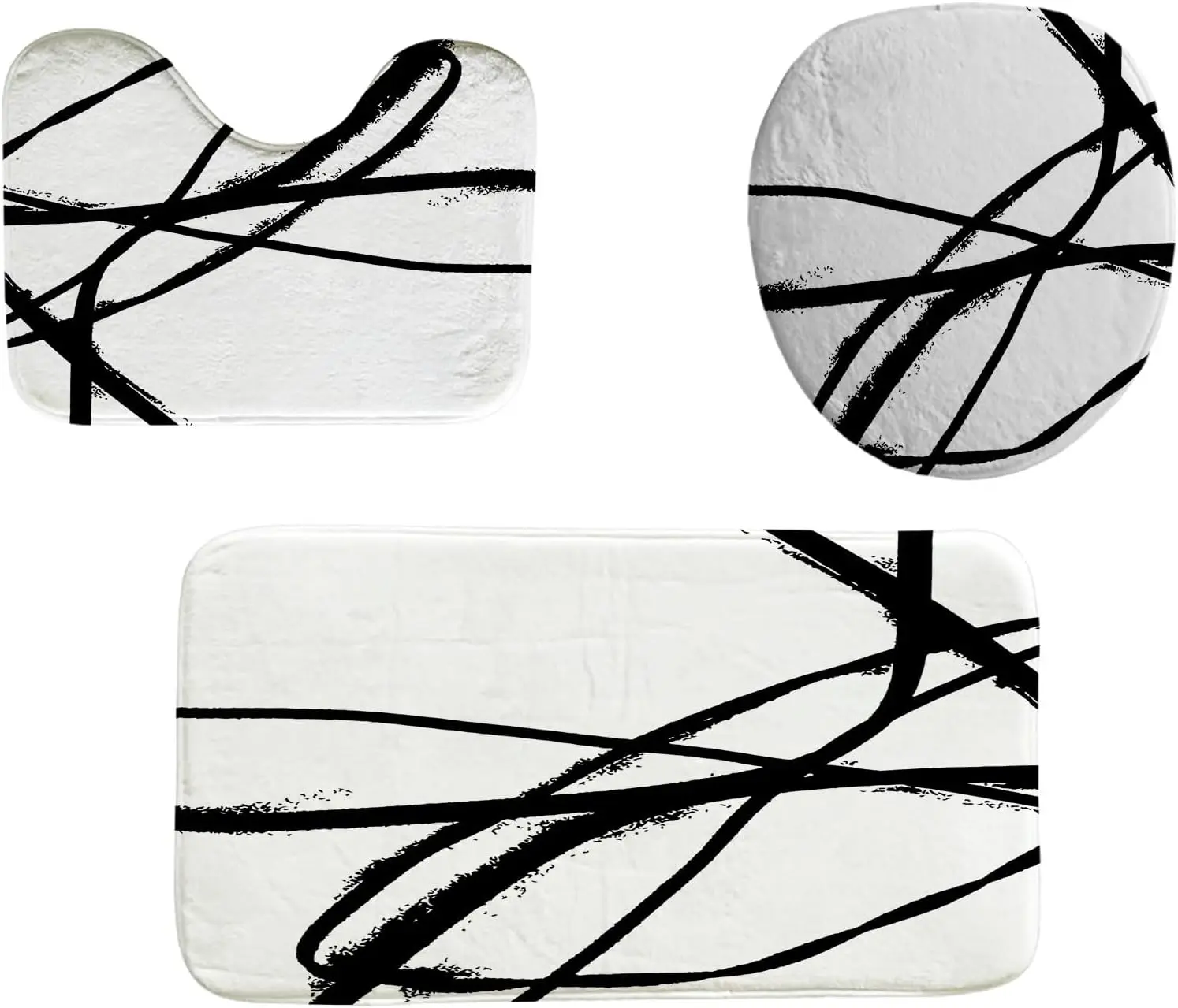 

3PCS Memory Foam Bath Mat Set, Abstract Black White Lines Bathroom Rug, Super Soft Thick Absorbent, Non-Slip Shower Carpet