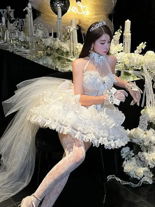 

Elegant Temperament Ballet Style White Dress Sweet Cute Bow Off Shoulder Halter Tutu Dress Atmosphere Princess Evening Dresses