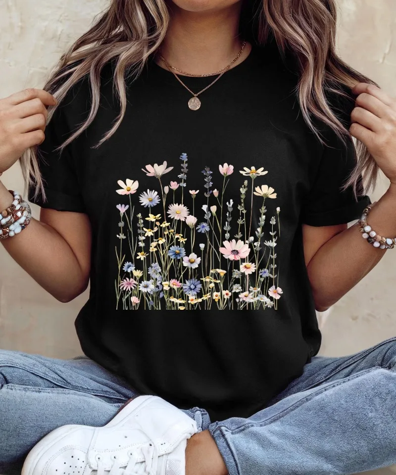 Unisex Summer Wildflower Graphic T‑Shirt Vintage Meadow Floral Print Short Sleeve Casual Loose Soft Cotton Streetwear Tee Top