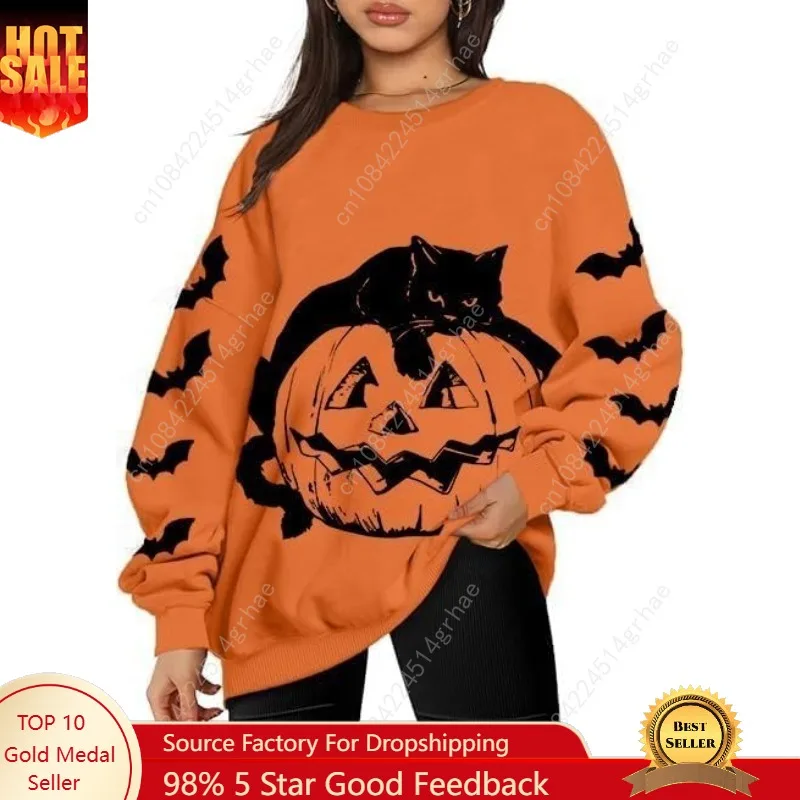 Black Cat on Pumpkin Oversized Sweatshirt Halloween Sweatshirts for Women Fall Pumpkin Face Long Sleeve Pullover Tops