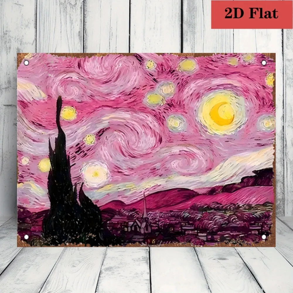 Customizable Vintage Iron Painting Sign Van Gogh Starry Night Pink Sky Pre-Drilled Easy Hang Art Lover Home Decor Gift