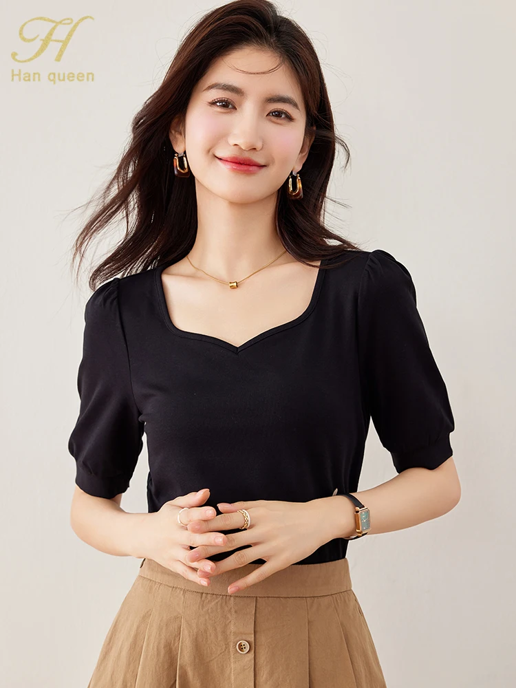 H Han Queen 2024 Summer Women Clothes Vintage Blouses Chic Short Sleeve Basic Shirt Casual Tops Loose Black/White Elegant Blouse