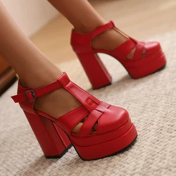 Plus Size High Waterproof Platform Woven Thin Belt With Side Hollowed Out Fashion Sandals Super High Thick Heel T-Strap Sandals