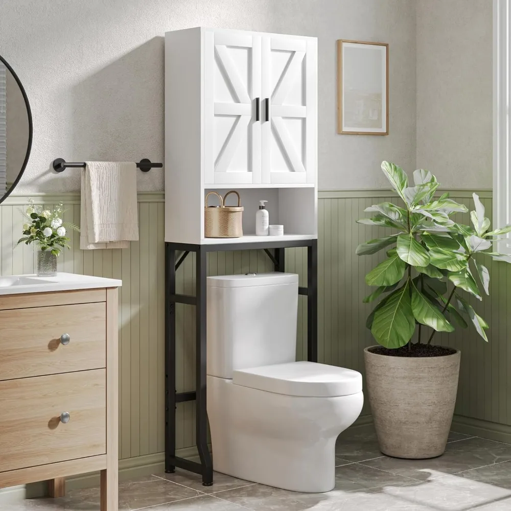

Over The Toilet Storage Cabinet, Bathroom Organizers and Storage with Barn Doors, Thicken Metal Stand & MDF Wood Above Toilet S
