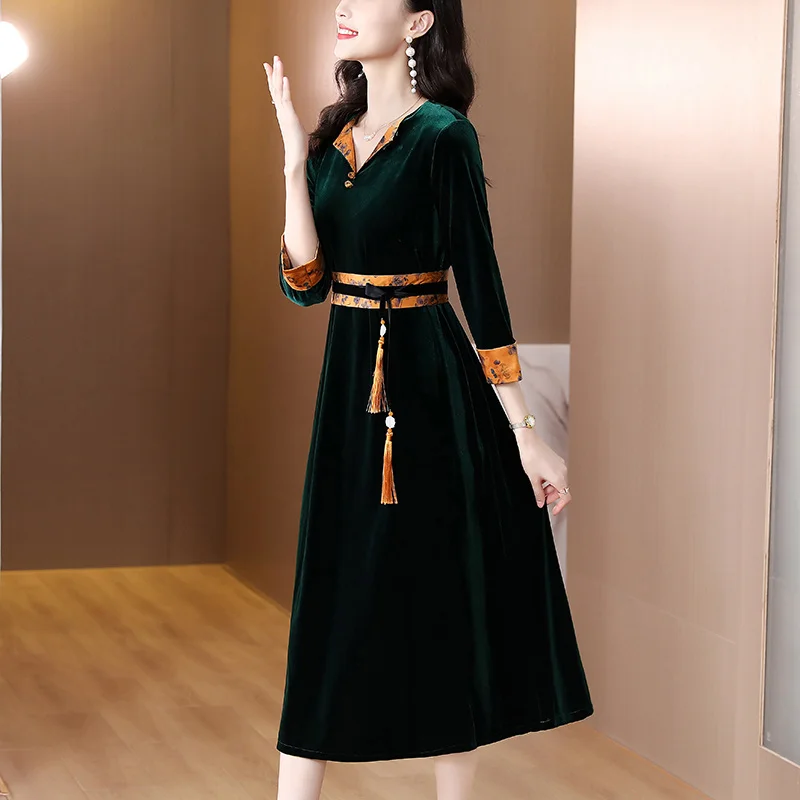 Elegant 2023 Burgundy Gold Velvet Vintage Midi Spring Autumn Korean Solid V-Neck Party Vestidos Women Bodycon Casual Dress