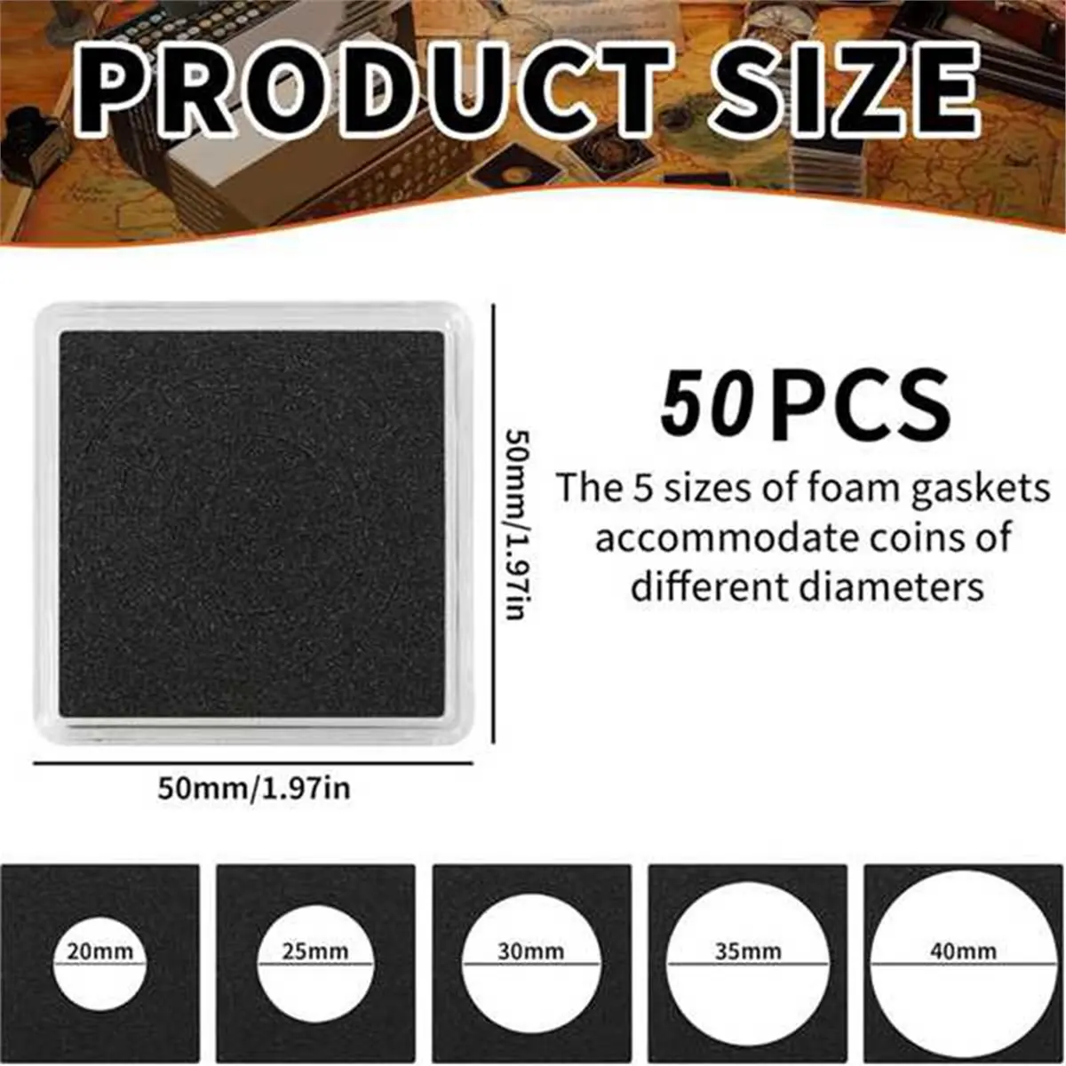 50 PCS Coin Capsules, Coin Snap Holders with 5 Sizes Black Gaskets, Clear Coin Cases for Coin Collection Supplies