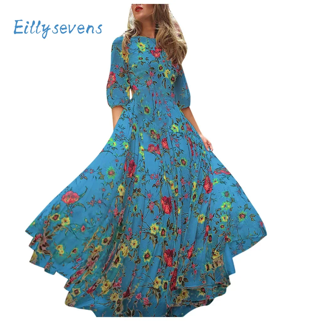 

Women Half Sleeve Dresses Casual Round Neck Boho Resort Style Dress Fashion Trend Flowy Big Swing Floral-Printed Dresses