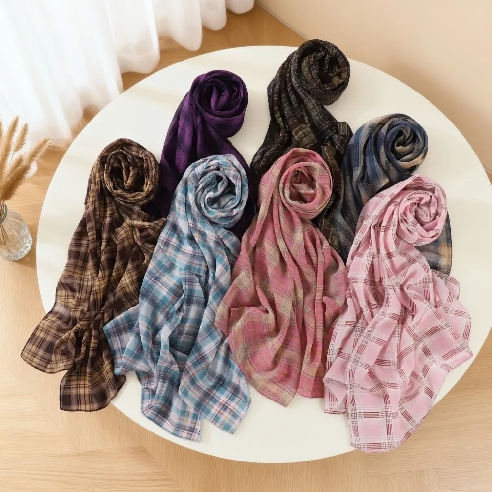 Classic Long British Plaid Print Scarf Ultralight Chiffon Women's Hijabs Breathable Soft Beach Sun Protection Scarf